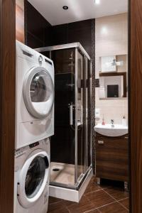 a washer and dryer in a bathroom with a sink at ClickTheFlat Royal Route Warecka Apart Rooms in Warsaw