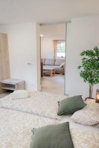 a bedroom with a large bed and a living room at Prima Countryside Apartments in Žirovnica