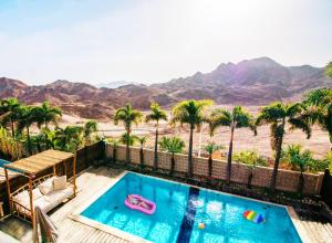 a swimming pool with palm trees and a view of the desert at Villa Mountains Eilat וילה הרים אילת - בריכה מחוממת in Eilat