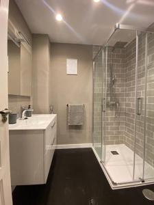 een badkamer met een glazen douche en een wastafel bij VUT Nohales Home in Nohales