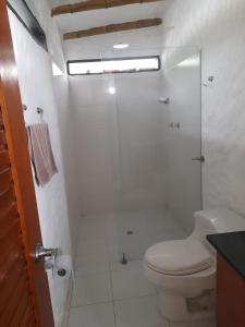 bagno bianco con servizi igienici e doccia di Cabañas camino al cielo a Fúquene