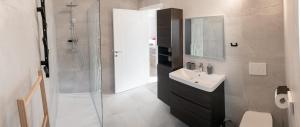 a bathroom with a sink and a shower at Prima Countryside Apartments near Bled in Žirovnica