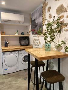 uma cozinha com uma mesa e uma máquina de lavar roupa em Apartamentos Abadía. em Corella