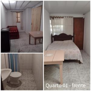 two pictures of a bedroom with a bed and a table at Scotti's Suítes in Capão da Canoa