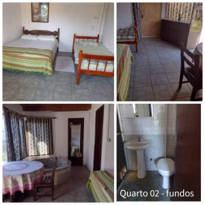 trzy zdjęcia pokoju z łóżkiem i stołem w obiekcie Scotti's Suítes w mieście Capão da Canoa