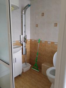 a bathroom with a toilet and a green mop at VikZ - Студио за гости Габрово център in Gabrovo
