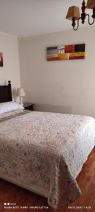 a bedroom with a bed with a comforter on it at Departamento Full 3D 2B Cerca de Playas en Arica in Arica