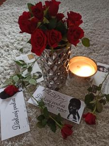 a vase with red roses and a candle and signs at Apartmány Žiaková - ubytování Nové Hrady 111 in Nové Hrady