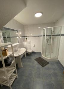 ヴェルニゲローデにあるFerienhaus Janaのバスルーム(シャワー、洗面台、トイレ付)