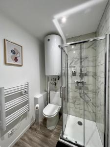 a bathroom with a toilet and a glass shower at L'Oliveraie in Brioude
