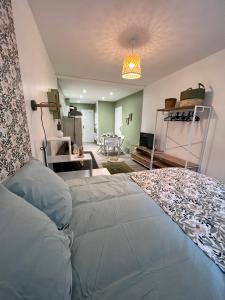 1 dormitorio con 1 cama grande y sala de estar en L'Oliveraie, en Brioude
