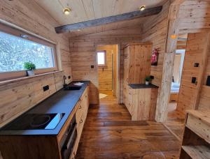 a kitchen in a log cabin with a stove at Chaleny - Das erste Tiny House Chalet im Zillertal in Hainzenberg