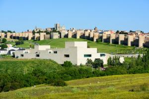 een gebouw op een heuvel met een kasteel op de achtergrond bij Apartamento Premium PLAZA MAYOR con PARKING in Avila