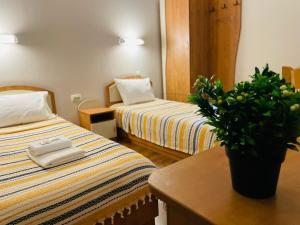 um quarto de hotel com duas camas e uma planta sobre uma mesa em Хотел Лагуна em Dospat