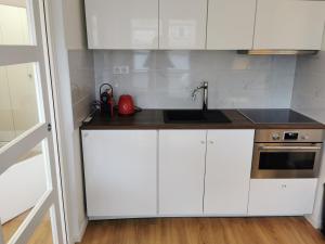 a kitchen with white cabinets and a sink at Charming apartment Chambourcy in Chambourcy