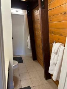 a bathroom with a toilet and a door with towels at Cozy Crescent Tree Cabin Near Bear Mountain in Big Bear Lake