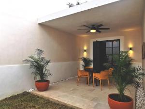 a patio with two plants and a ceiling fan at Casa Mara 53 Luxury House in downtown Mérida in Mérida