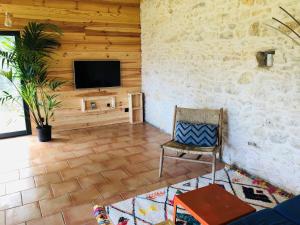 un salon avec une télévision et une chaise dans l'établissement Uluwatu - cottage cosy, à Saint-Laurent-de-Médoc