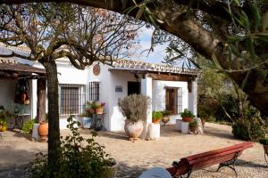 una casa blanca con un banco delante en LA MEJORANA Coqueta casa de Campo con piscina en Málaga en Villanueva de Tapia