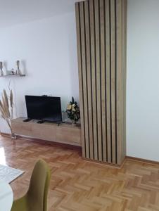 ein Wohnzimmer mit einer Trennwand und einem TV darauf in der Unterkunft Welcome Apartments in Niš