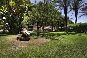 Un rocher assis dans l'herbe dans une cour avec des palmiers dans l'établissement Cosy Tavira Holidays, à Tavira
