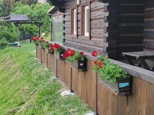 a row of flower boxes with red flowers on a fence at PANORAMA RANČ in Ježíci