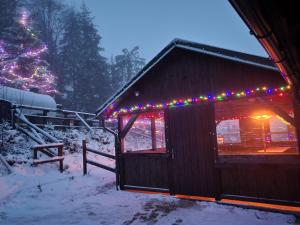 a cabin with christmas lights and a christmas tree at PANORAMA RANČ in Ježíci