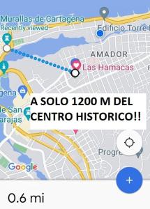 a screenshot of a google map with a map at LAS HAMACAS, 2 minutes from the old town, we speak english!! in Cartagena de Indias