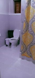 a bathroom with a toilet and a shower curtain at Puerto Silanguin Beach Camping Resort in Zambales