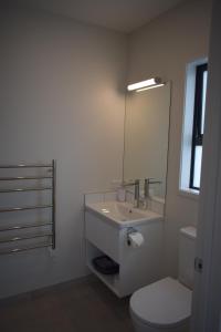 a bathroom with a sink and a toilet and a mirror at Paradise In Whitianga B & B in Whitianga