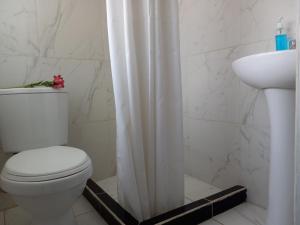 een badkamer met een toilet en een douchegordijn bij Posada Azul Cusco in Cuzco