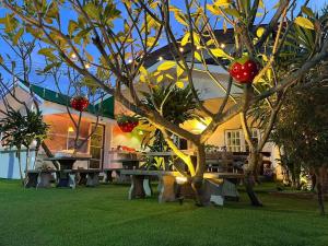 a group of picnic tables and a tree with tomatoes on it at At Home Phetchaboon in Phetchabun