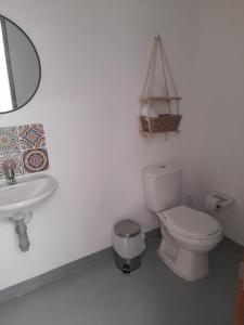 a bathroom with a toilet and a sink and a mirror at Aloja-T en Apartamento amoblado SIN balcón en Ciudad Bolivar in Ciudad Bolívar