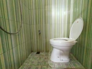 a bathroom with a toilet in a green and white wall at Inawa Homestay Syariah in Rampal