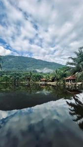 a body of water with houses and palm trees at Sahom Valley Resort - Agro & Eco Park in Kampar