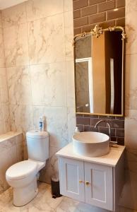 a bathroom with a toilet and a sink and a mirror at Cellar In Town in Robertson +15 photos