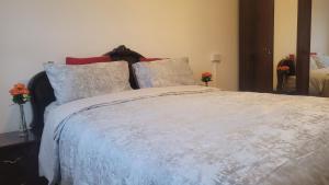 a bedroom with a large white bed with pillows at Beautiful 1-Bed Apartment in London in London