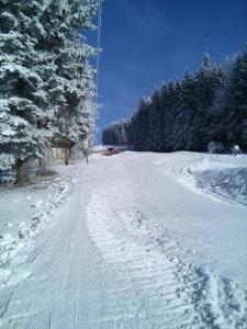 una persona está esquiando por una carretera cubierta de nieve en HOTEL SVRATKA, en Svratka