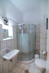 a bathroom with a shower and a sink and a toilet at Iraklis Hotel in Mitikas