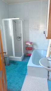 ein Badezimmer mit einer blauen Badewanne und einem Waschbecken in der Unterkunft Apartment Monsberger in Wolfsberg