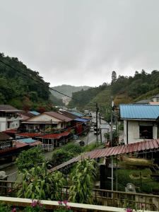 une ville avec des bâtiments et une rue avec une montagne dans l'établissement Sakura Guest House, à Cameron Highlands