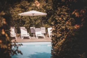 um grupo de cadeiras e um guarda-sol junto a uma piscina em Agriturismo Tenuta La Romana em Nizza Monferrato