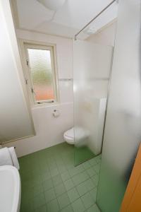 ein Bad mit einer Dusche, einem WC und einem Fenster in der Unterkunft Pension Westerburen in Schiermonnikoog