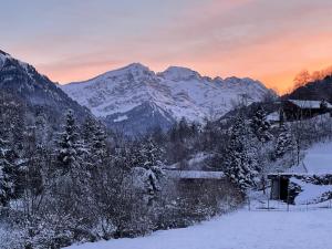 eine schneebedeckte Bergkette mit Sonnenuntergang im Hintergrund in der Unterkunft Mountain River Appart in Val dʼIlliez + 9 Fotos