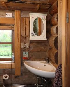 ein Bad mit einem Waschbecken und einem Spiegel in der Unterkunft Toidupada puhkemaja in Vidriku Asundus