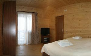 a bedroom with a bed and a tv and a window at Proskurov Holiday Home in Bukovel