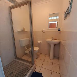 a bathroom with a shower and a toilet and a sink at Astove 6 in Margate