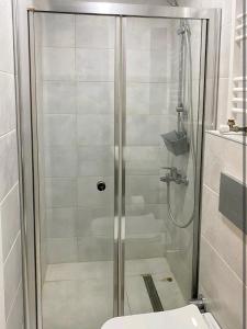 y baño con ducha y puerta de cristal. en Şişli Merkez, en Estambul