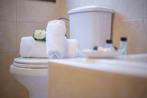 einen Haufen Handtücher auf einem WC im Bad in der Unterkunft Baldeneige in Pramanta