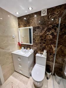 e bagno con servizi igienici, lavandino e doccia. di Apartamentos Prestige Malaga Suites III a Málaga